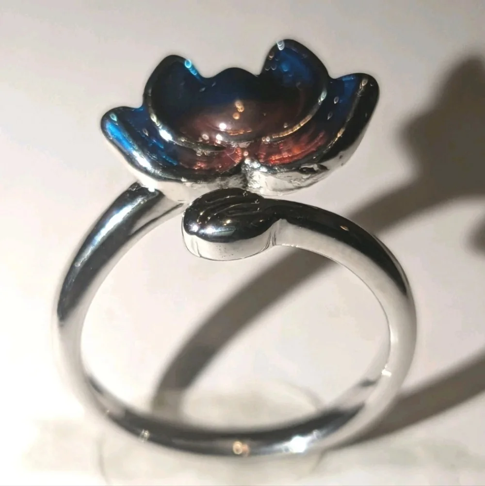 Women's Sterling Silver 925 Blue-Purple Lotus Flower Cloisonne Adjustable Size